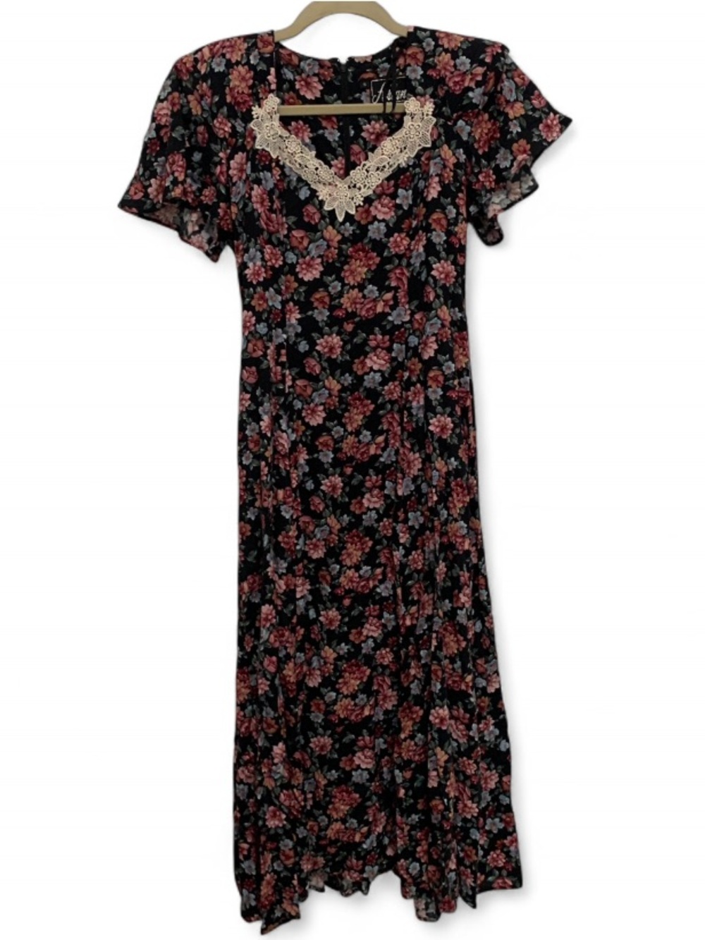 Vintage Black Maxi Dress with Pink and Blue Floral Print